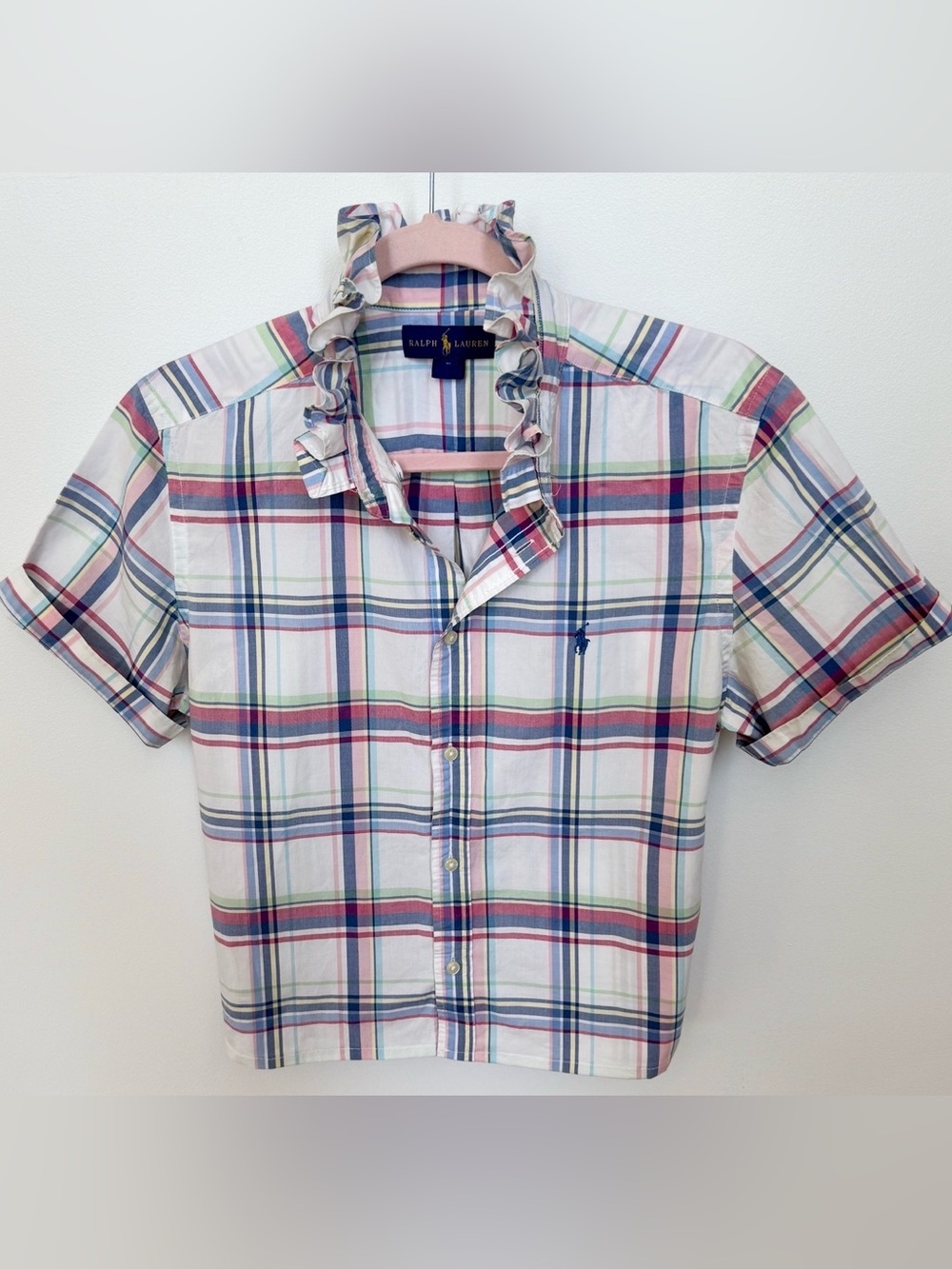 Ralph Lauren Multicolor Plaid Ruffle-Collar Short-Sleeve Shirt